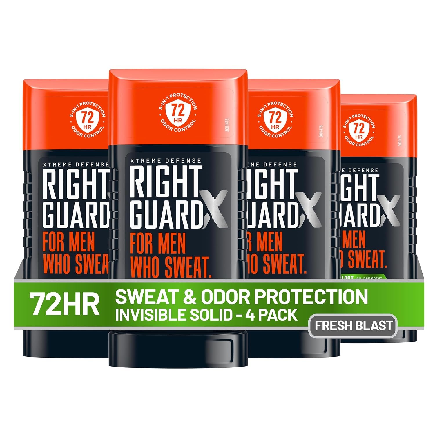 Right Guard Xtreme Defense Invisible Solid Antiperspirant Deodorant, Fresh Blast Scent – 5-in-1 Deodorant Men Can Trust, 72-Hour Odor Control, 2.6 oz (4 Pack)