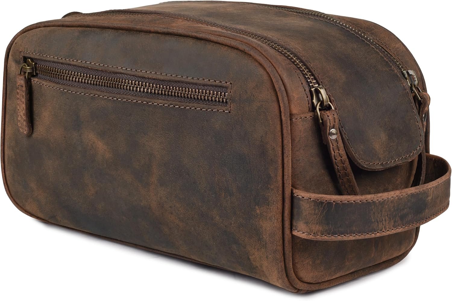LEATHER VILLAGE Genuine Leather Toiletry Travel Bag With Waterproof Lining – Brown | King-Size Handcrafted Vintage Dopp Kit Bag, Shaving & Bathroom Organizer, Gift for Men & Women