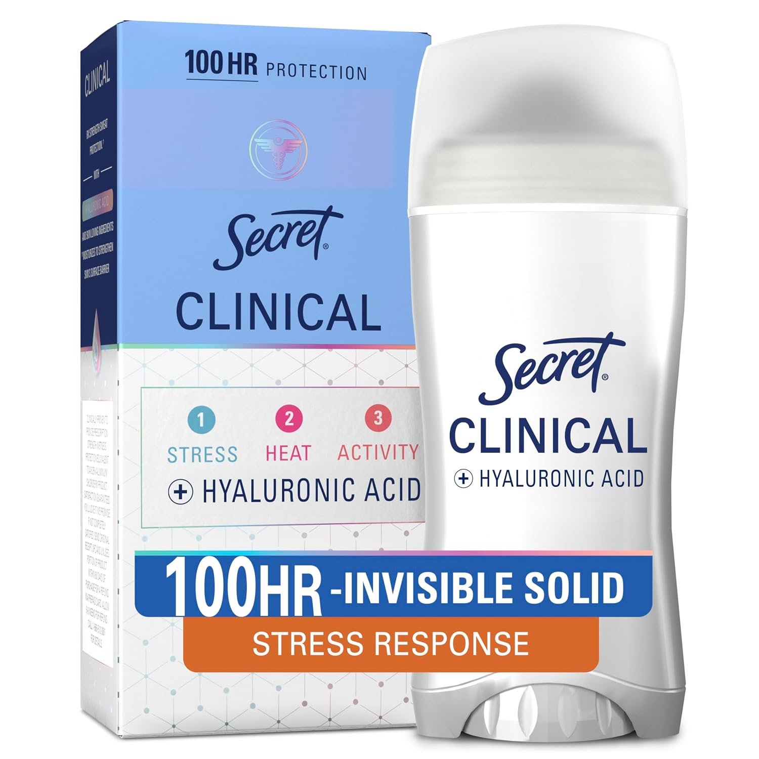 Secret Clinical Strength 100HR Sweat & Odor Protection Antiperspirant Deodorant for Women, Fights 3 Kinds of Sweat, Invisible Solid, Hyaluronic Acid, pH Balancing Minerals, Stress Response, 2.6 oz