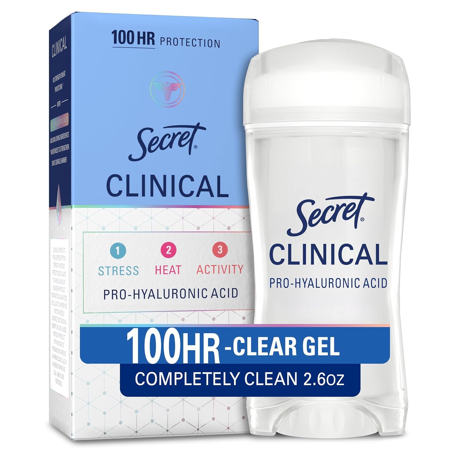 Secret Clinical Strength 100HR Antiperspirant Deodorant for Women, 3X Sweat & Odor Protection vs. Ordinary Antiperspirant, Pro-Hyaluronic Acid, Completely Clean, Clear Gel 2.6 oz
