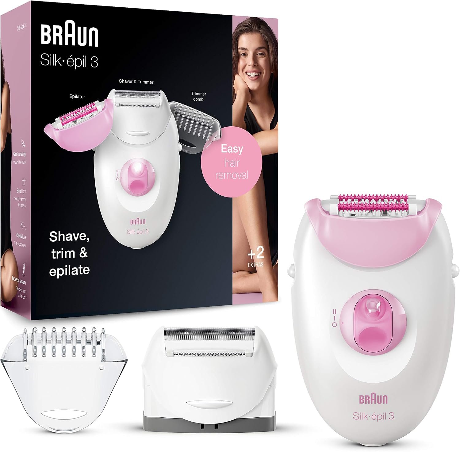 Braun Silk-épil 3 3-270, Epilator for Women for Long-Lasting Hair Removal, 20 Tweezer System, Smartlight Technology, Massage Rollers, Shaver and Trimmer Head Included