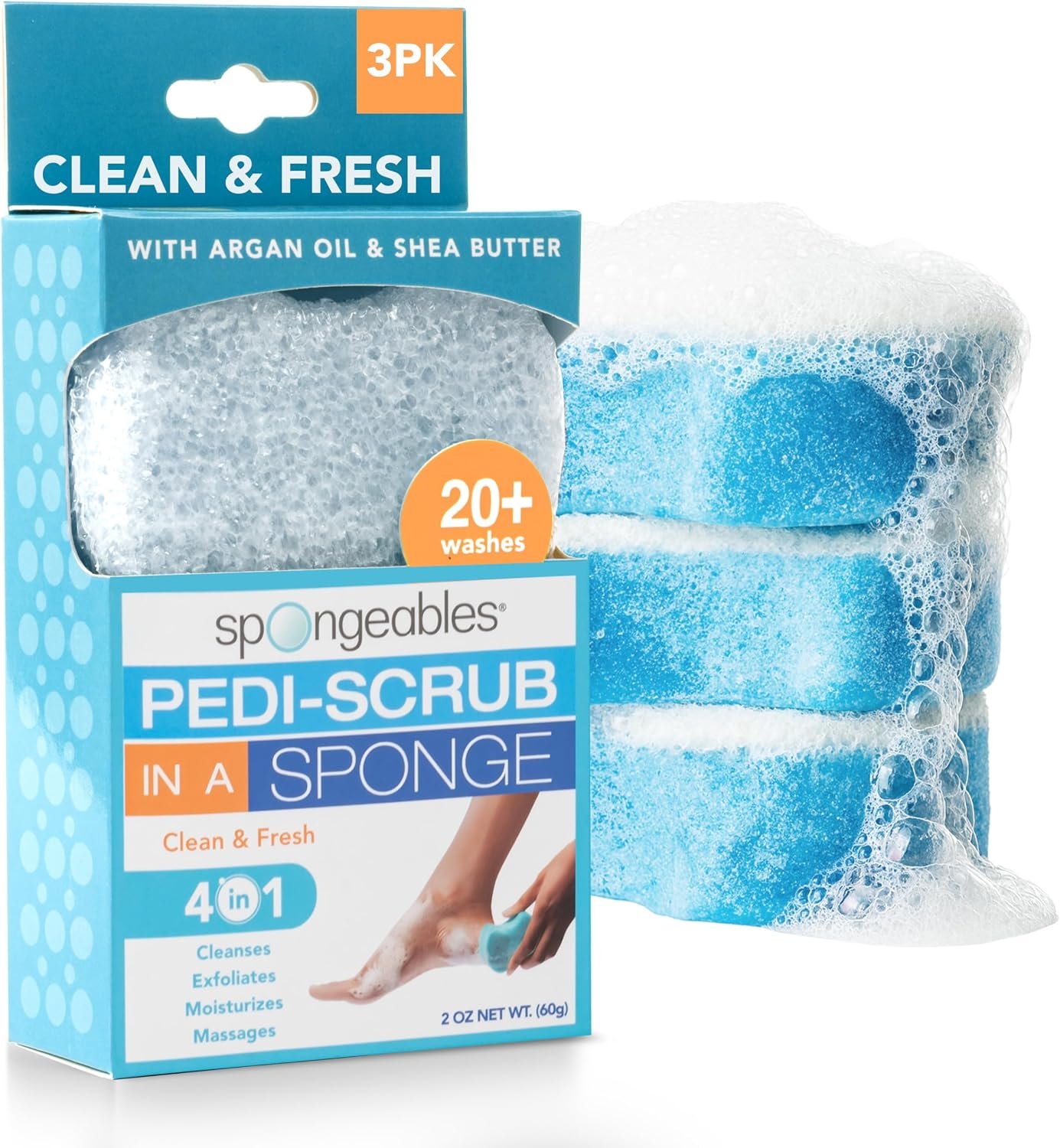 Spongables Pedi Scrub Foot Exfoliating 20+ Wash Sponge, Clean & Fresh, 3 Count