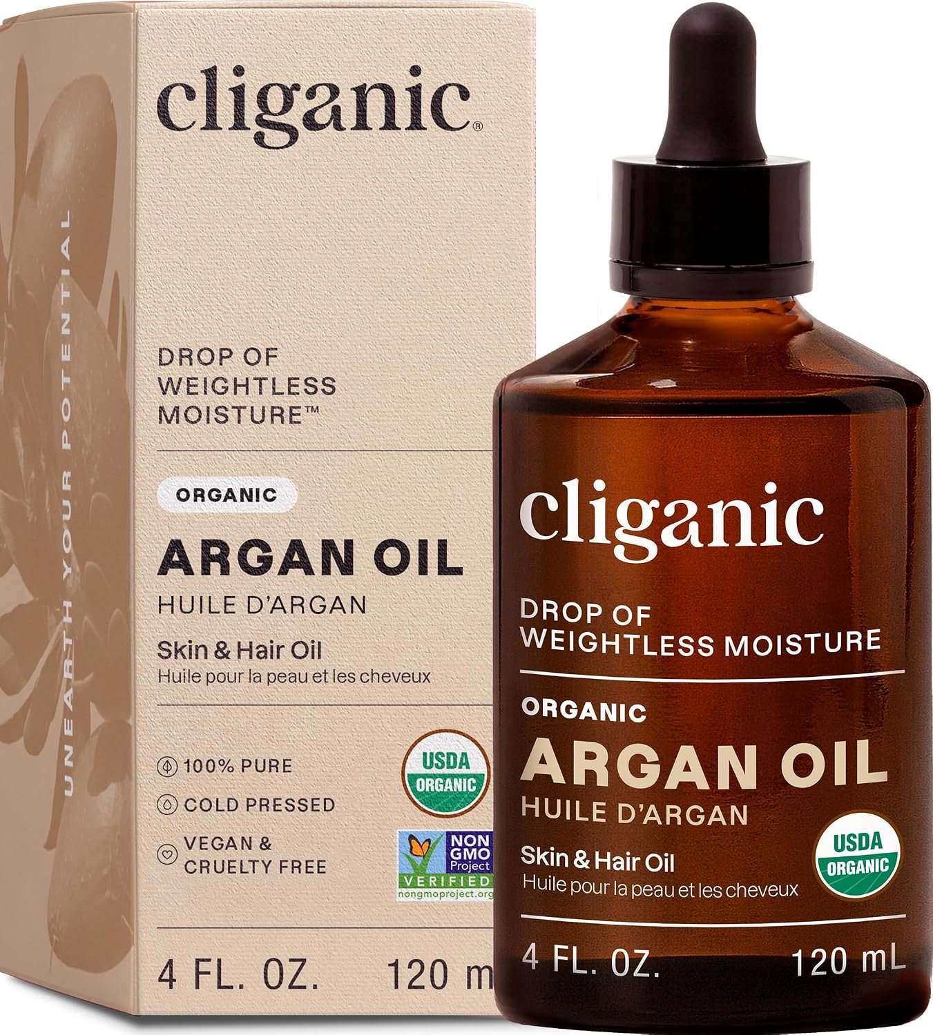 Cliganic Organic Argan Oil 100% Pure Cold Pressed For Hair, Face, Skin 4 oz