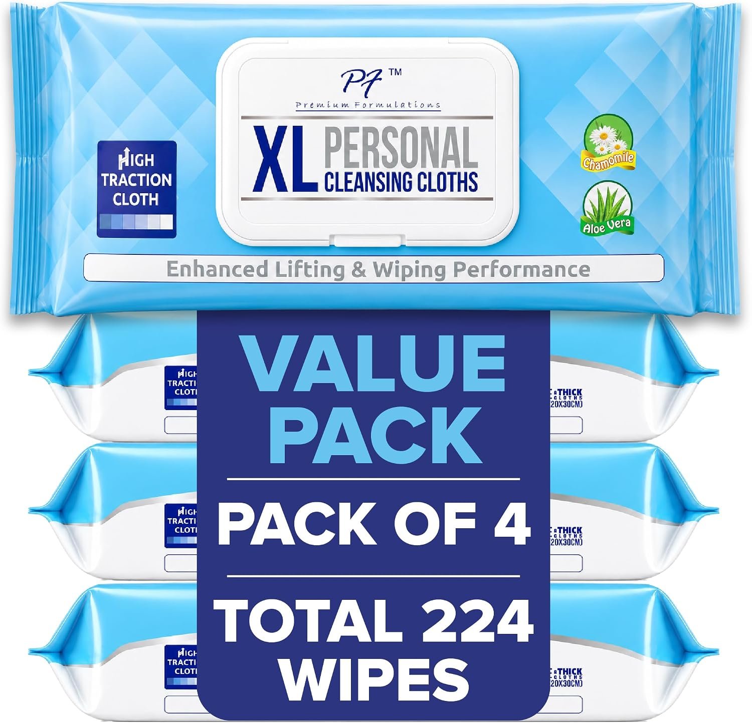 XL Adult Wipes – (4 Packs x 56 Wipes = 224 Wipes) High Traction, Uber Thick & Extra Large Wash Cloths | Disposable Incontinence Wipes with Aloe for Elderly Care & Hygiene