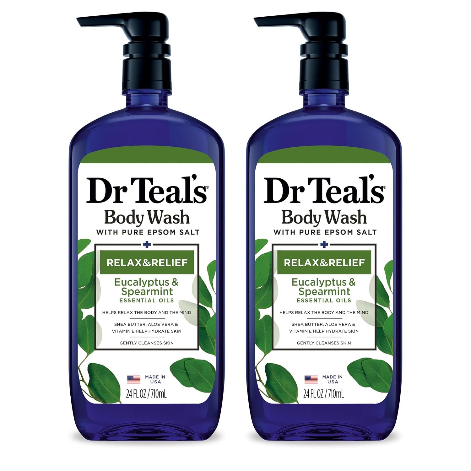 Dr Teal’s Body Wash with Pure Epsom Salt, Relax & Relief with Eucalyptus & Spearmint, 24 fl oz (Pack of 2)