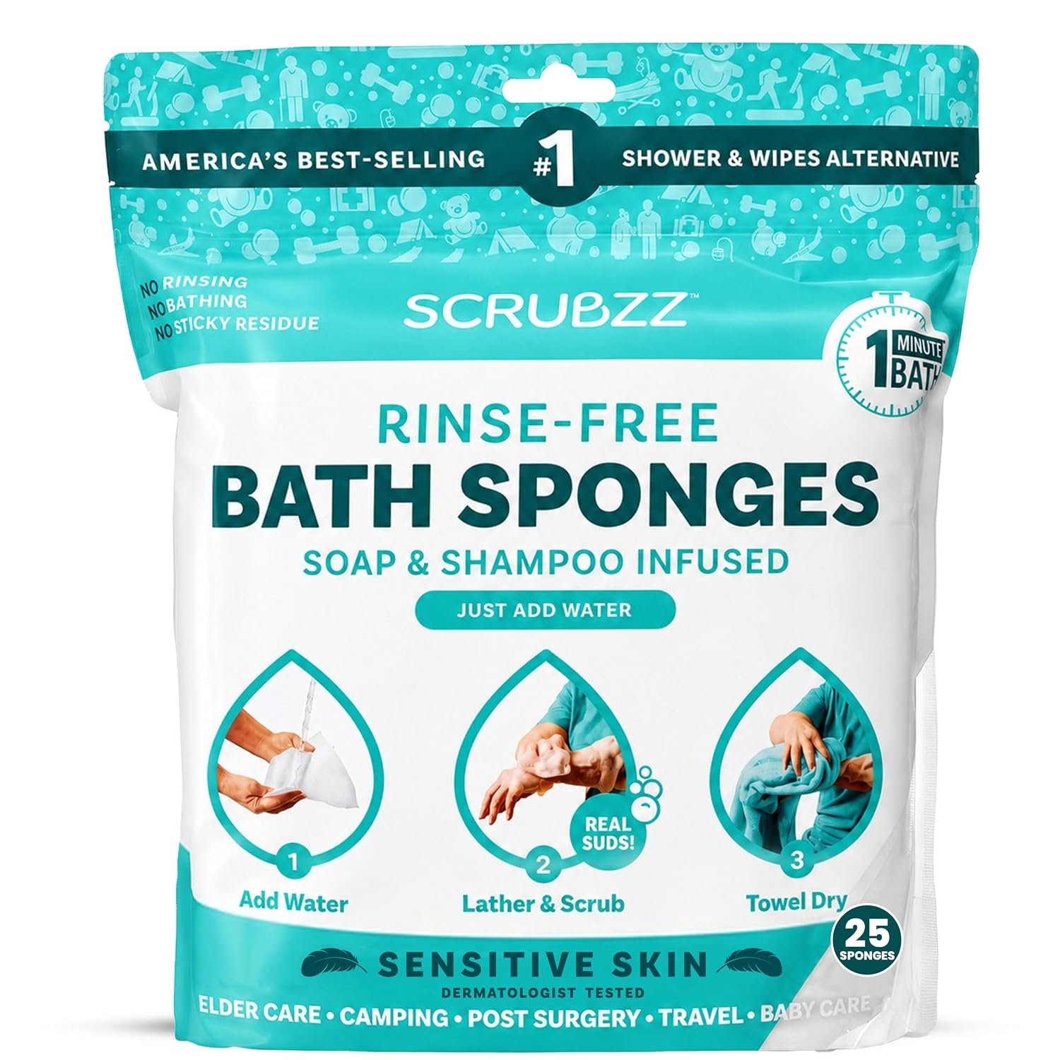 Scrubzz Disposable No Rinse Bathing Wipes for Senstive Skin – 25 Pack – All-in-1 Single Use Shower Wipes, Simply Dampen, Lather, and Dry Without Shampoo or Rinsing (Sensitive Skin, 1-Pack)