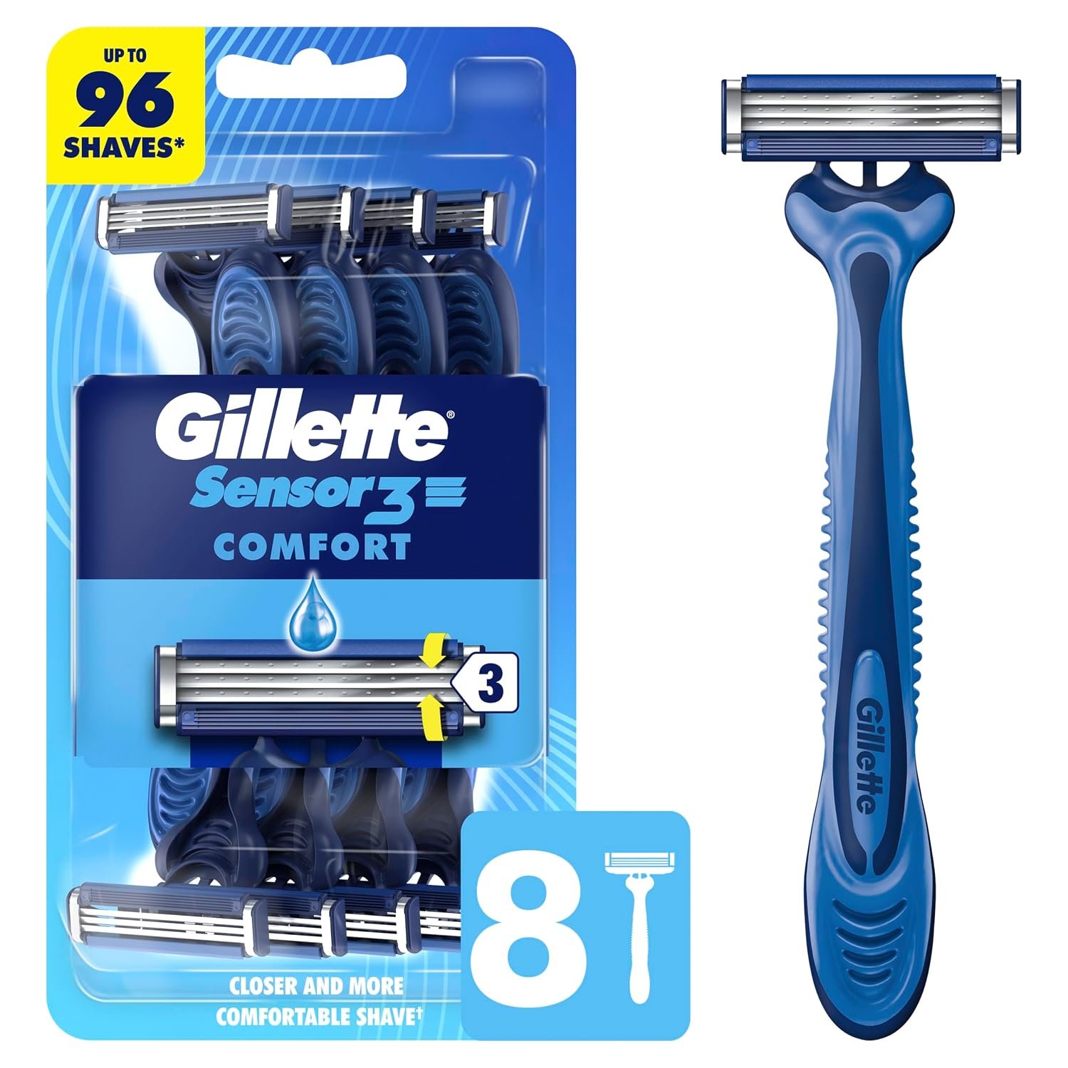 Gillette Sensor3 Comfort Disposable Razors for Men, 8 Count, Lubrastrip Glides Easily Over Your Skin