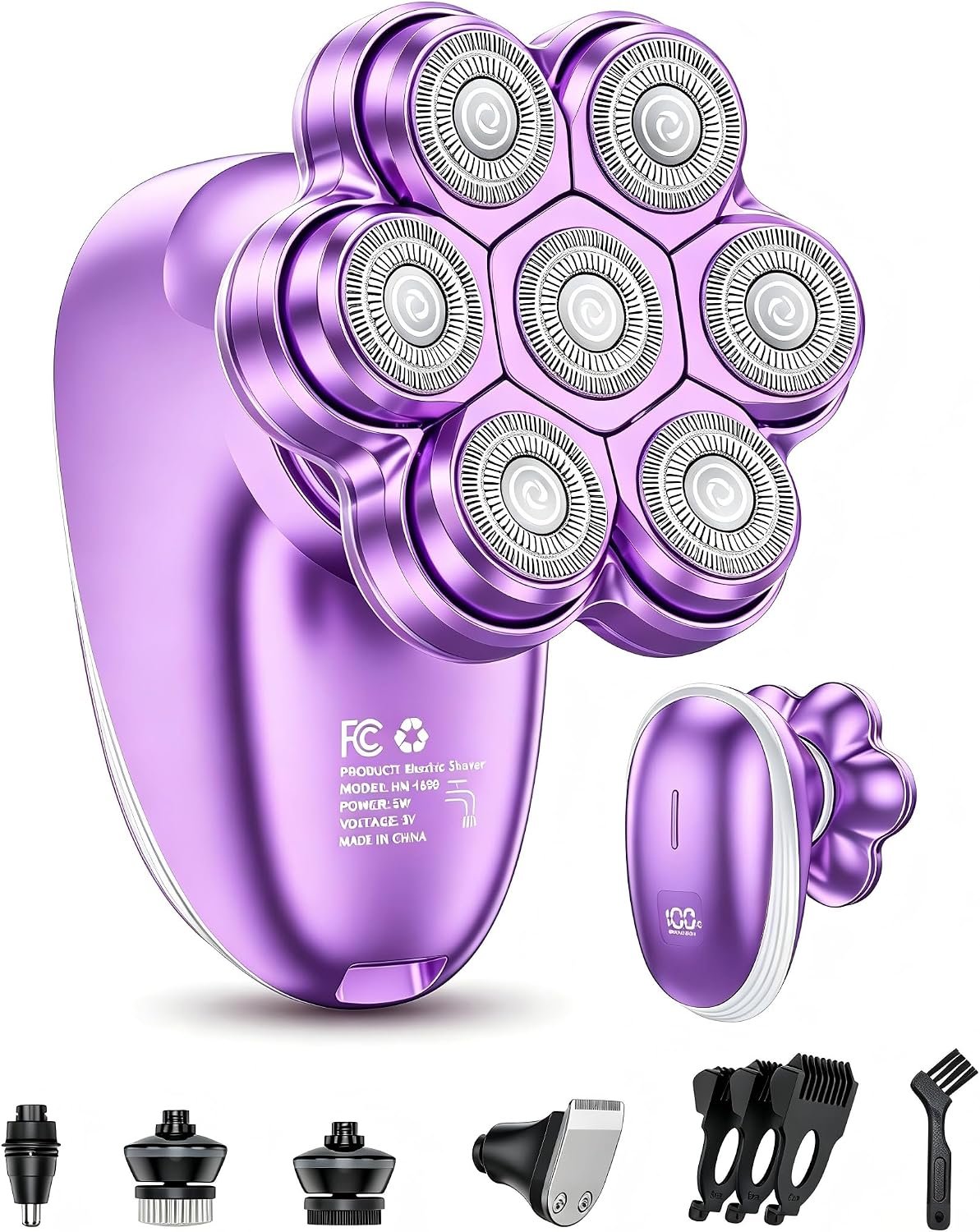 5-in-1 Electric Razors for Women, 7D Magnetic Heads Full Body Shaver, Waterproof Wet Dry Hair Remover with LED Display, Rechargeable Bikini Trimmer for Underarms, Face, Legs, Lips, Arms (Purple)