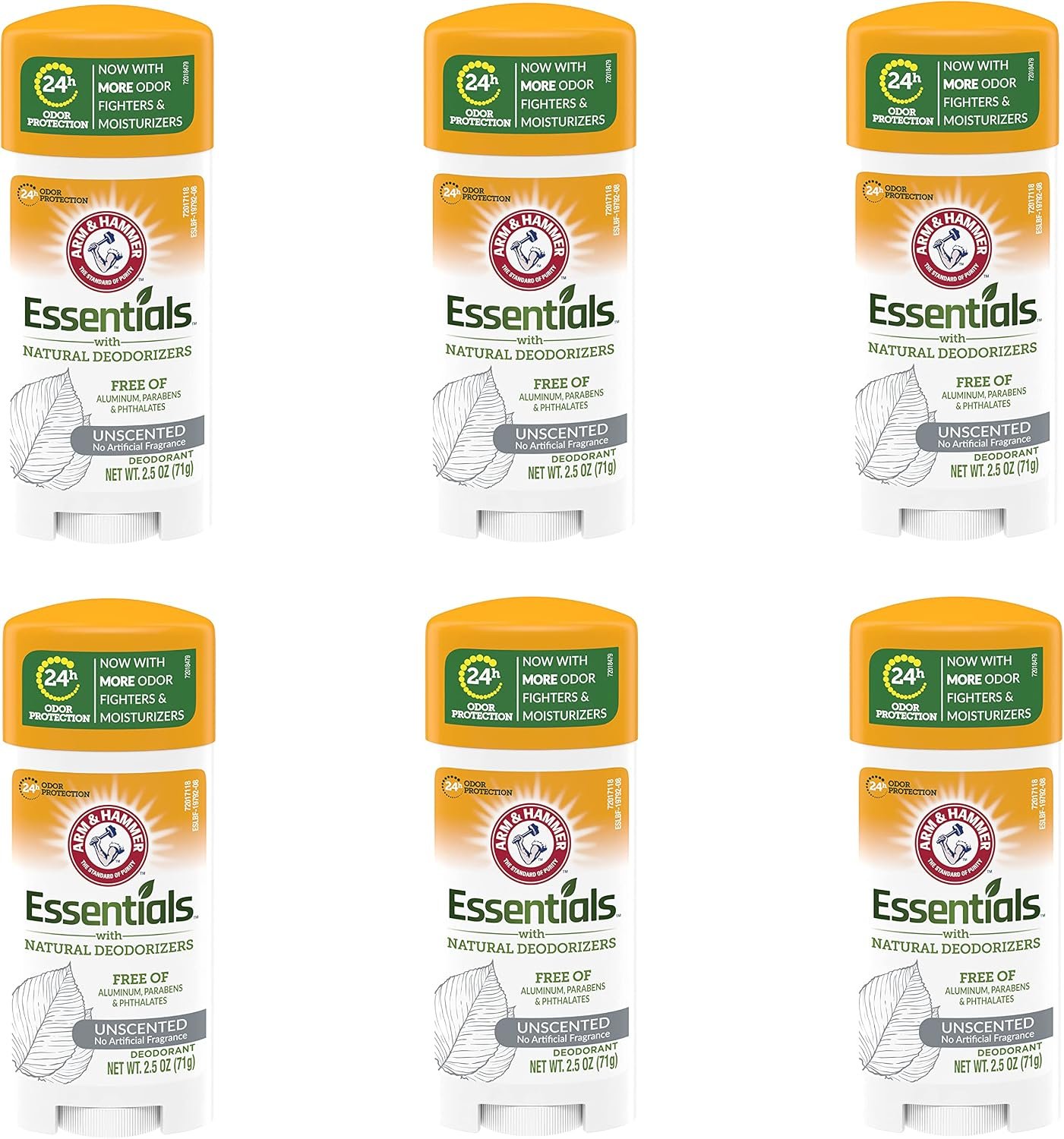 Arm & Hammer Essentials Solid Deodorant, Unscented,2.5 oz, 6 Count