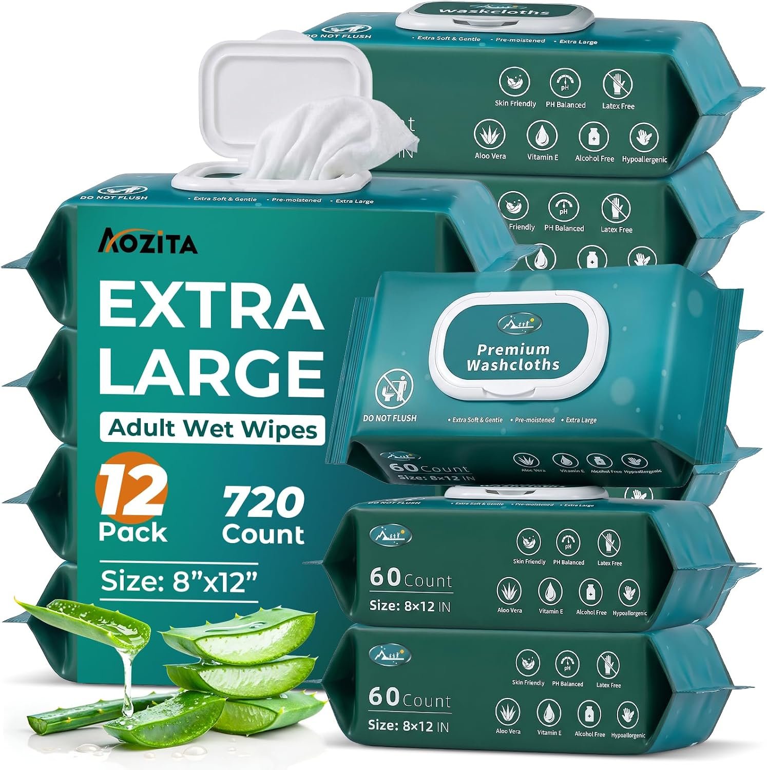 720 Count (12 Packs of 60) Wipes for Adults, 8″ x 12″ Extra Large Wet Wipes for Incontinence & Cleansing, Disposable Body Shower & Bath Wipes for Elderly Bathing No-Rinse – Vitamin E & Aloe