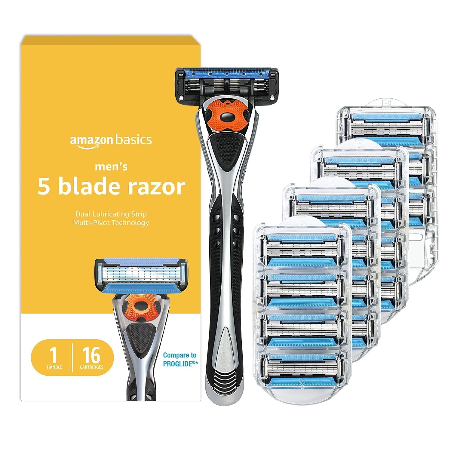 Amazon Basics 5-Blade MotionSphere Men’s Razor with Dual Lubrication, Vitamin E, Precision Trimmer, 1 Handle & 16 Cartridges, Black