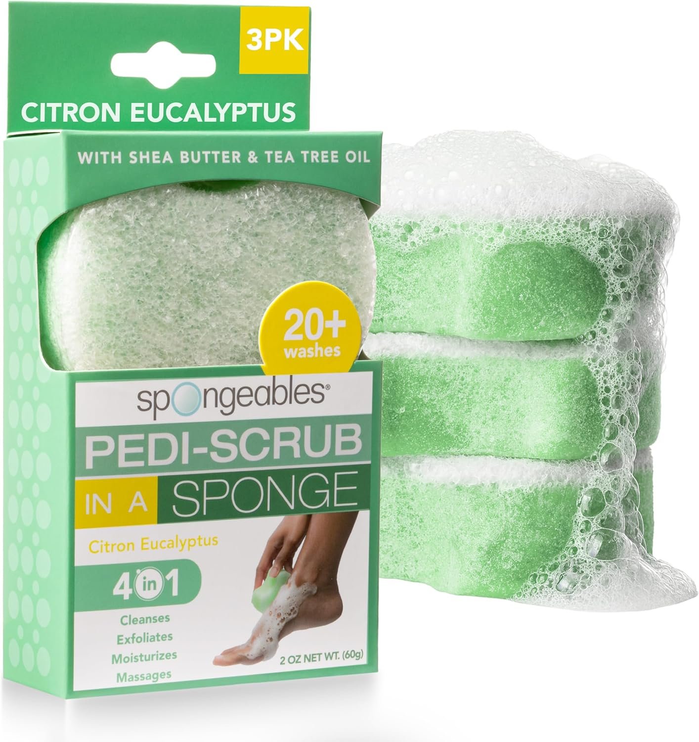 Spongeables Pedi Scrub Foot Exfoliating 20+ Wash Sponge, Citron Eucalyptus, 3 Count