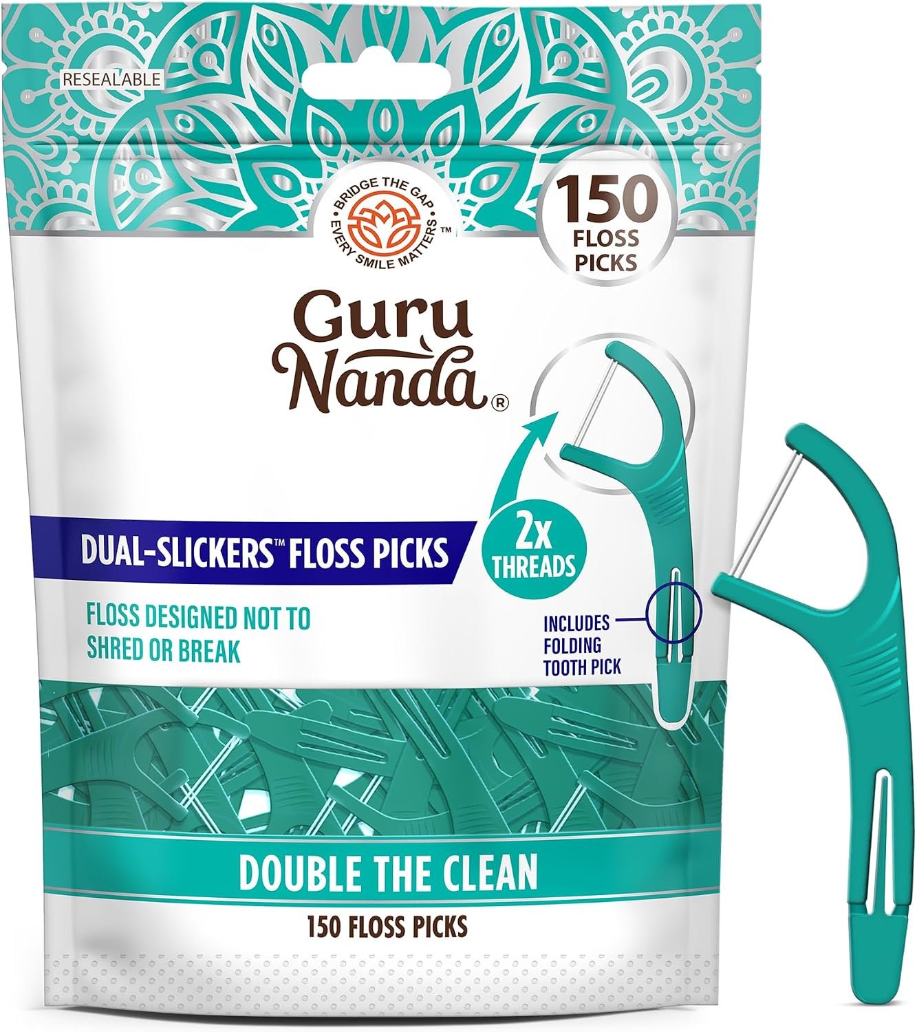 GuruNanda Dual Slickers Floss Picks – Double Threaded Dyneema Dental Floss with Foldable Toothpick for Effective Plaque Removal – Unflavored- 150 Ct