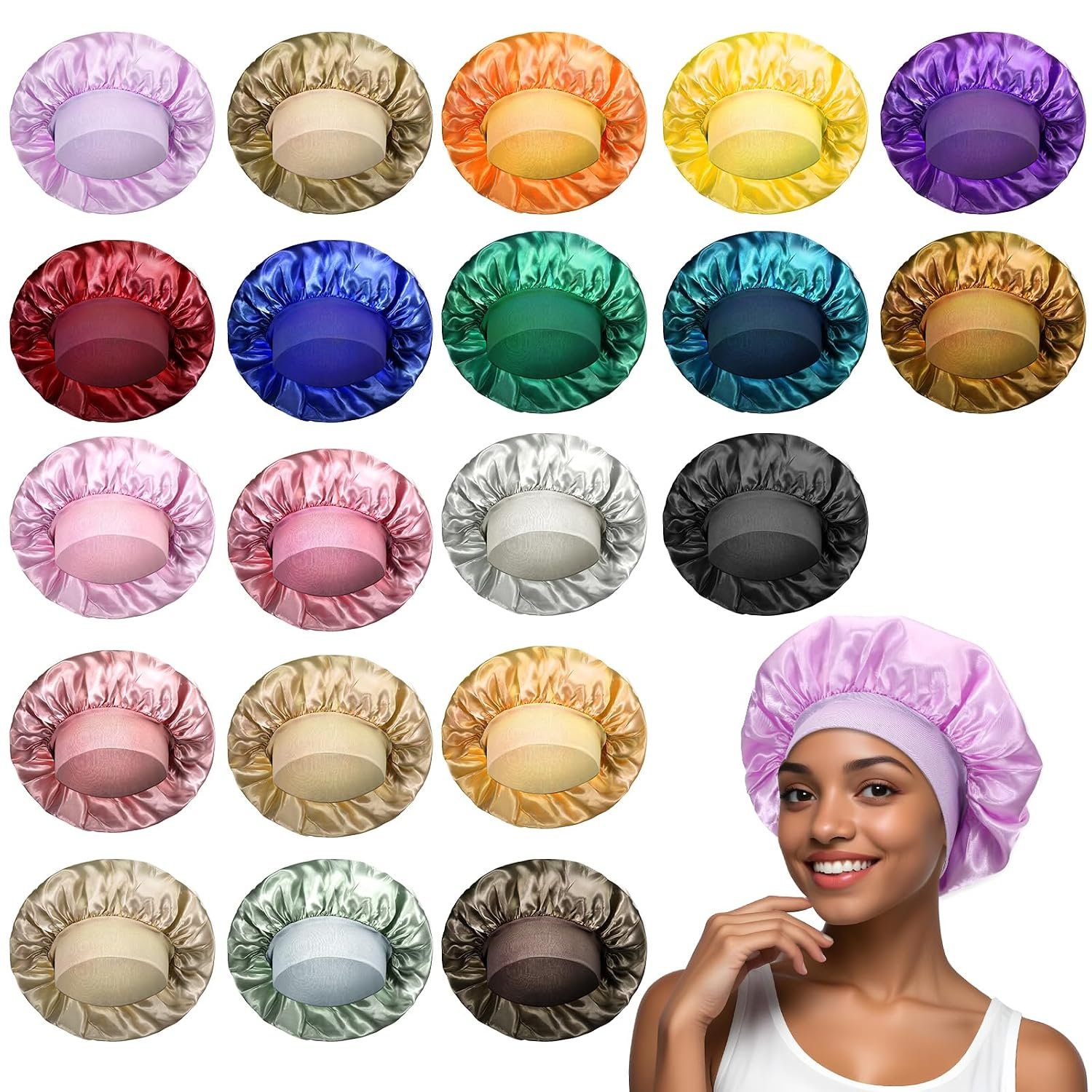 20Pcs Satin Bonnets for Sleeping, Large Silk Hair Bonnet for Women, Wide Band Adjustable Sleep Cap for Curly Braids Dreadlocks Natural Hair (20 Colors)