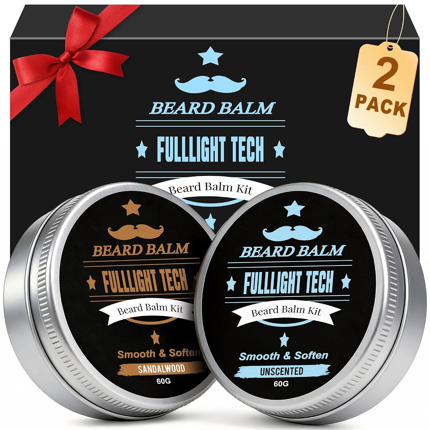 Beard Balm, 2 x 2 Oz Sandalwood & Unscented Styling Balm, Medium Hold