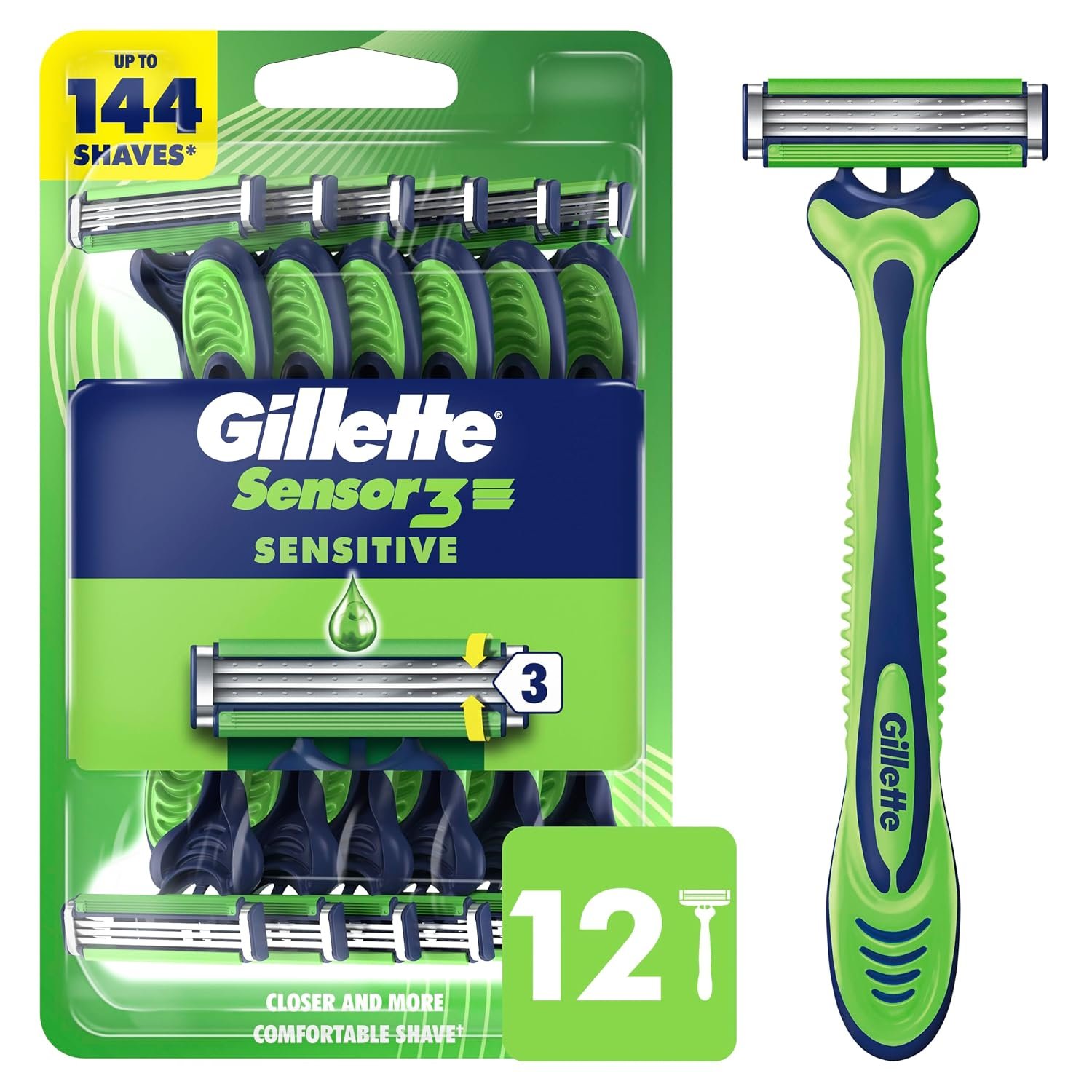 Gillette Sensor3 Sensitive Men’s Disposable Shaving Razors, 12 Count