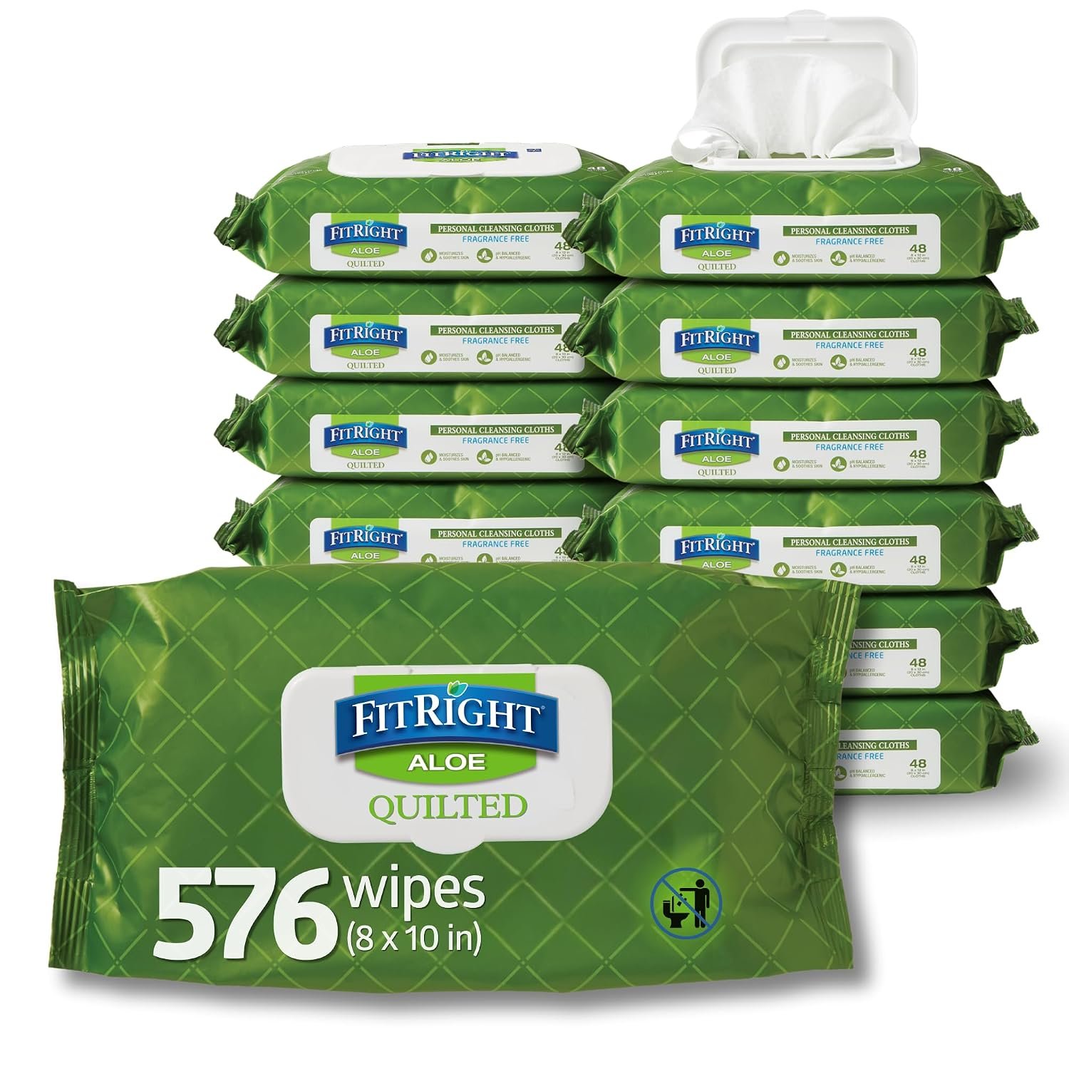 FitRight Aloe Quilted Heavyweight Personal Cleansing Cloth Wipes, Unscented, 576 Count, 8 x 12 inch Adult Large Incontinence Wipes