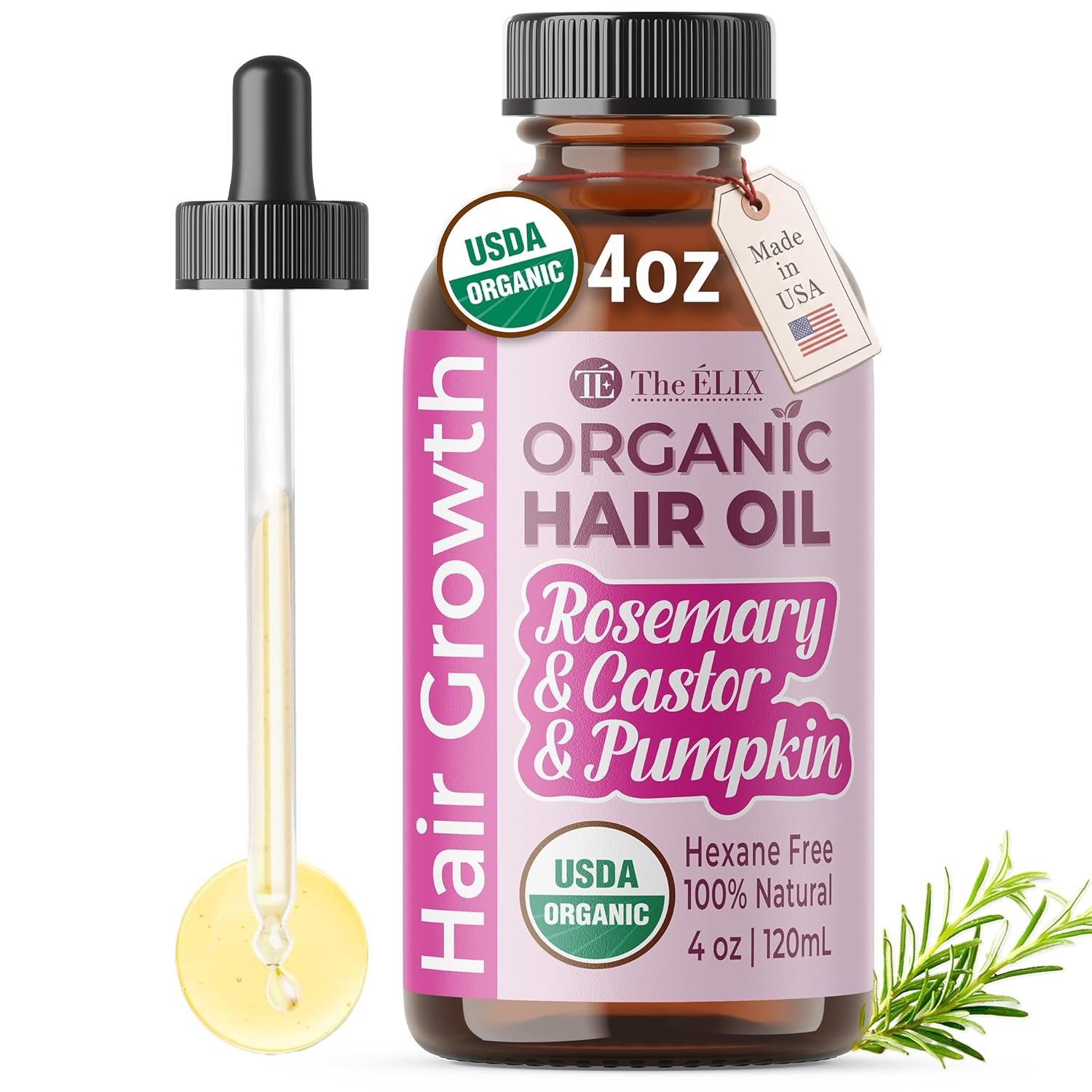 The ÉLIX USDA Organic Rosemary Oil for Hair Growth | Thickening Formula with Castor & Pumpkin Seed | for Hair Loss & Thinning | Made in USA | 4oz