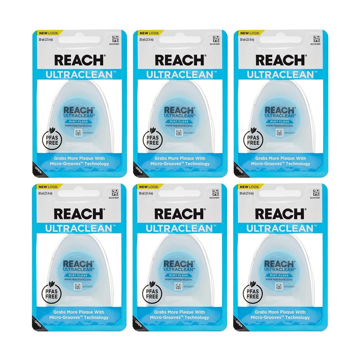 REACH Ultraclean Dental Floss, Mint, Plaque Remover for Teeth, Shred Resistant, Waxed, Easy on Gums & Teeth, Mint, Oral Care, PFAS Free, for Adults & Kids, 6 Pack, 30 yd