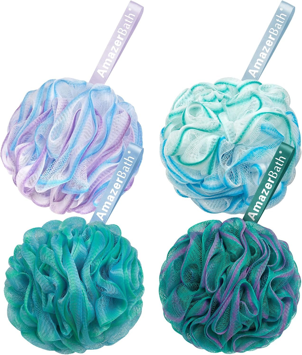 AmazerBath Loofah Sponge 75g/Piece, Exfoliating Bath Sponge Body Scrubber – Loofa Set of 4 Flower Color (Large, Green-Purple)