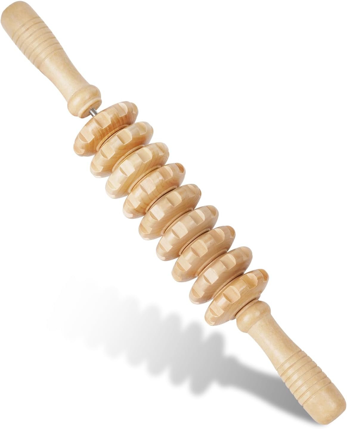 Liitrton Manual Wooden Massage Roller Stick for Muscle Relief, 9‑Wheel