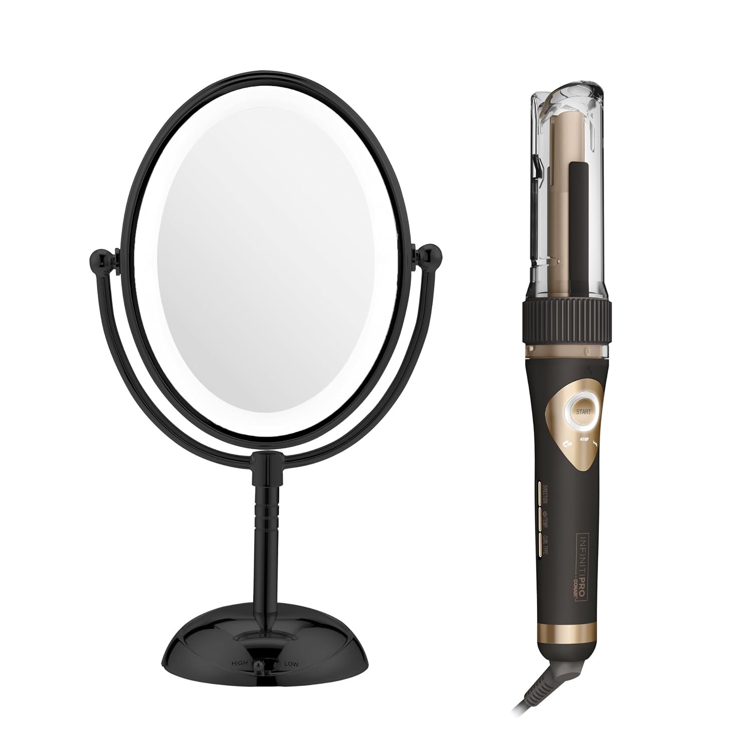 Conair Limited Edition Bundle | INFINITIPRO BY CONAIR Curl Secret Automatic Curling Iron in 3/4-inch Barrel – and – Conair Lighted Makeup Mirror | Black | Amazon Exclusive