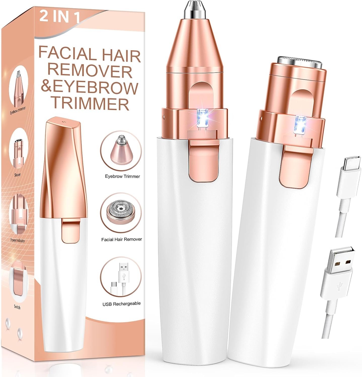 Eyebrow Trimmer Facial Hair Removal for Women – 2 in 1 Rechargeable Face Shaver & Facial Hair Remover with LED Light, Painless Electric Eyebrow Razor for Upper Lip, Chin, Peach Fuzz & Fine Facial Hair
