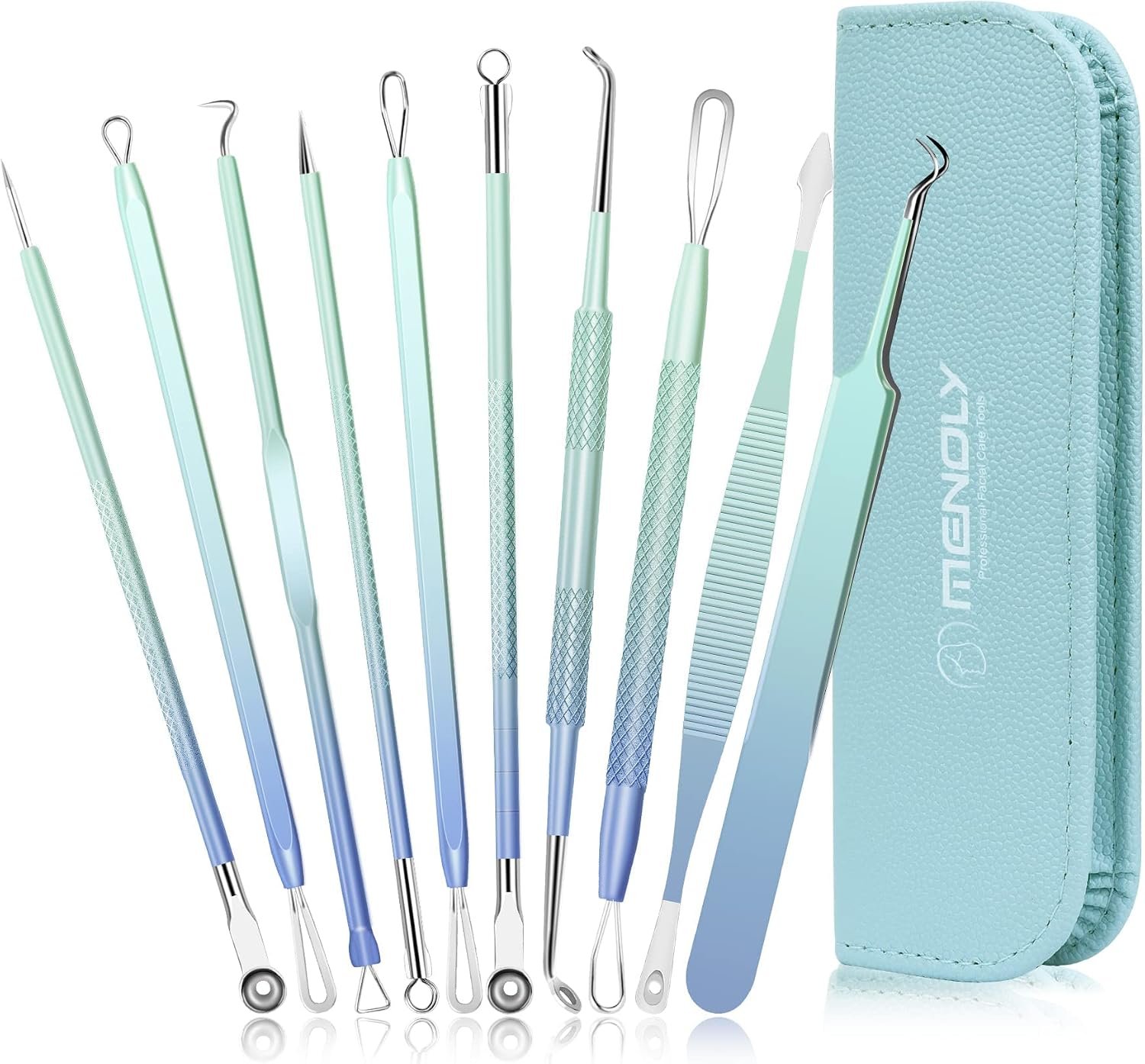 MENOLY Blackhead Remover Tools 10Pcs Pimple Popper Tool Kit, Blackhead Remover Extractor Tools, Anti-Slip Handle Pimple Comedone Extractor Acne Kit for Blackhead,Blemish,Zit Whitehead