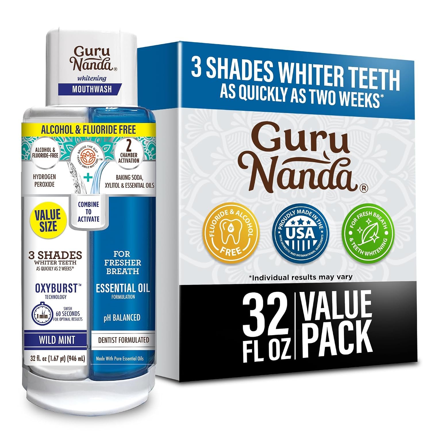 GuruNanda Teeth Whitening Dual Barrel Oxyburst Mouthwash – Alcohol & Fluoride Free, Hydrogen Peroxide to Promote Whiter Teeth – Wild Mint – 32 Fl Oz