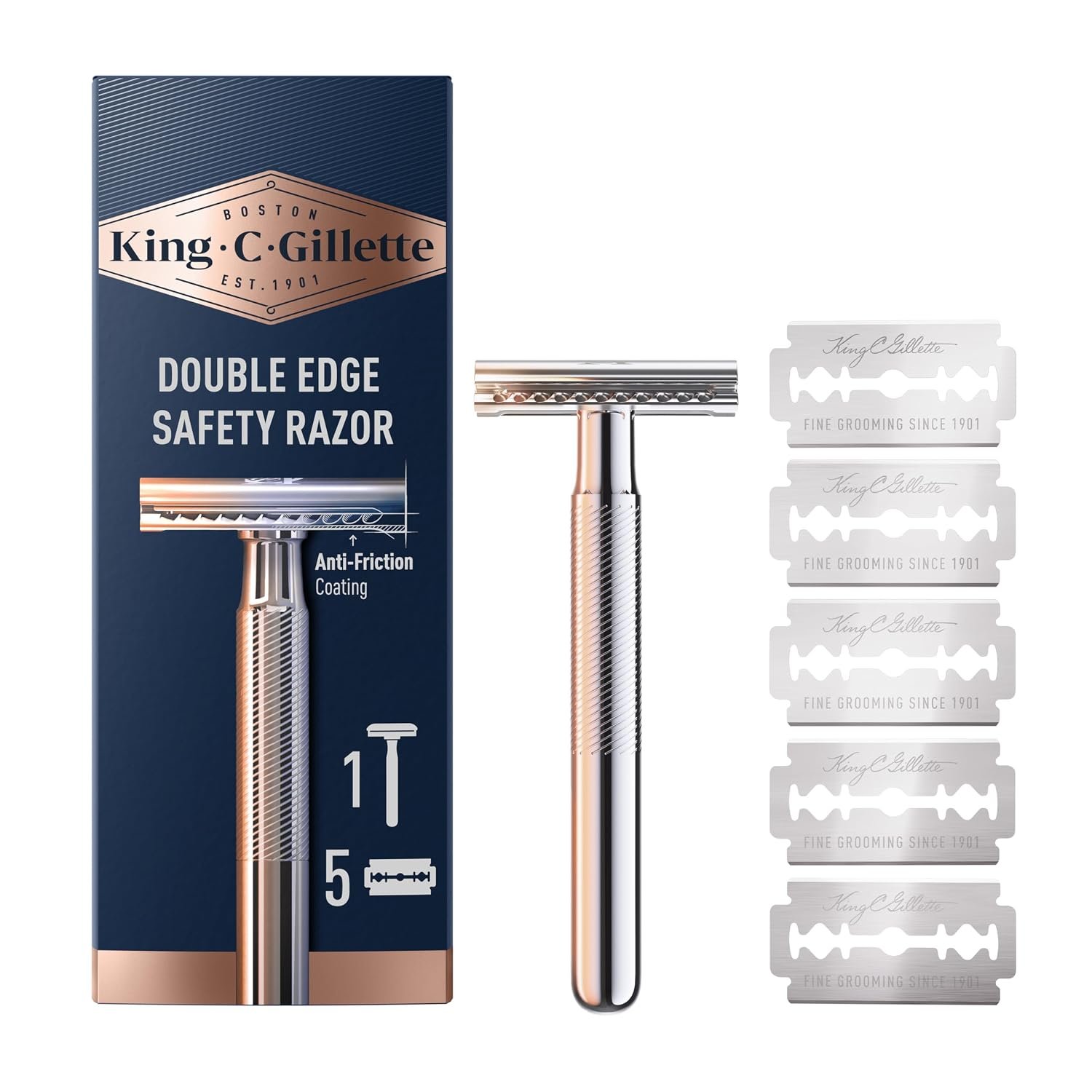 King C. Gillette Safety Razor with Chrome Plated Handle and 5 Platinum Coated Double Edge Safety Razor Blade Refills