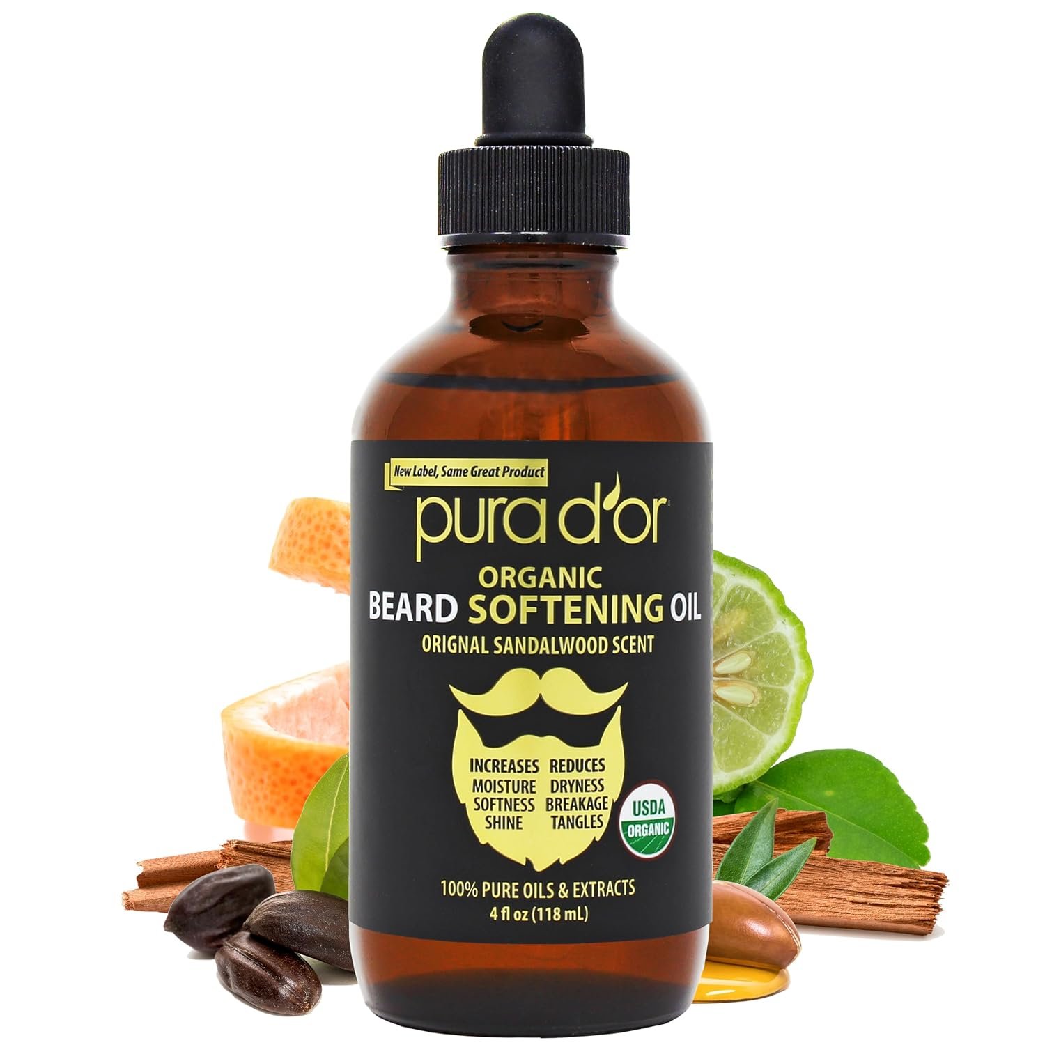 PURA D’OR ORGANIC Beard Softening Oil, Original Sandalwood Scent, 4oz