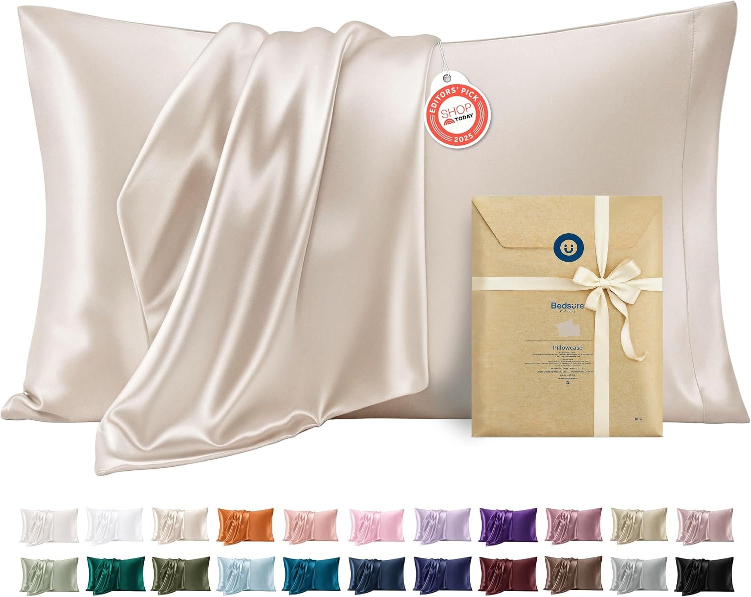 Bedsure Satin Pillowcases Queen Set of 2, Similar to Silk Pillow Case, 100% Polyester, Reduces Hair Frizz & Skin Friction, Decorative Covers, Gifts for Women, Envelope Closure, 20″ x 30″, Beige